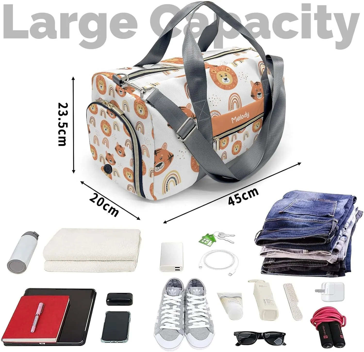 Tiger Lion and Rainbows Personalized Duffel Bag,Custom Travel Gym Bag with Name,Waterproof Sports Overnight Bag with Shoe Compartment & Shoulder Strap