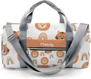 Tiger Lion and Rainbows Personalized Duffel Bag,Custom Travel Gym Bag with Name,Waterproof Sports Overnight Bag with Shoe Compartment & Shoulder Strap