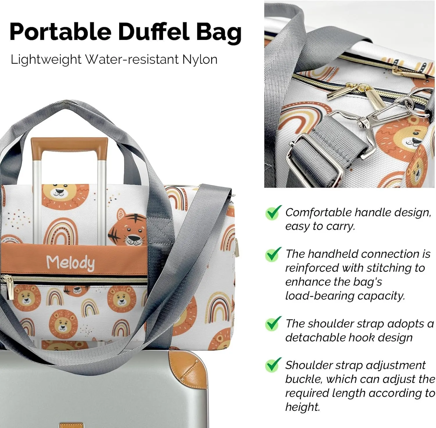 Tiger Lion and Rainbows Personalized Duffel Bag,Custom Travel Gym Bag with Name,Waterproof Sports Overnight Bag with Shoe Compartment & Shoulder Strap