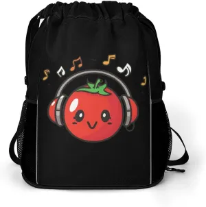 Tomato with Headphones Music Notes Drawstring Backpack String Bag Sports Gym Sackpack with Side Pocket Shoes Compartment