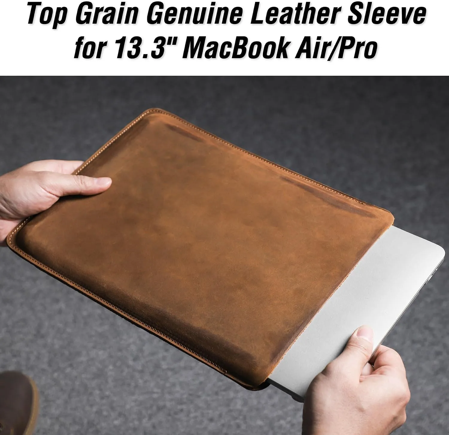Top Grain Leather 13.3" Slim Laptop Sleeve Case, Solid Minimalist Vintage Design, Handmade, Compatible with MacBook Pro 13.3" MacBook Air M1/M2 DELL XPS 13" & Other PC, Brown 13.3 Inch