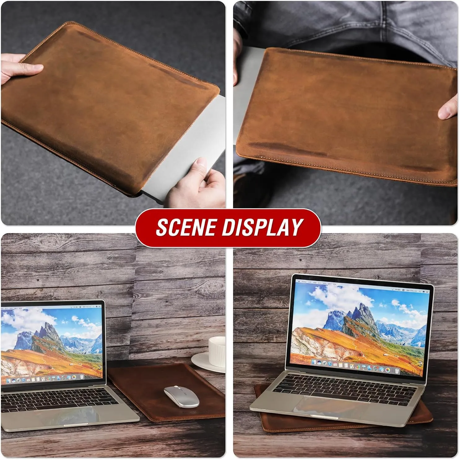 Top Grain Leather 13.3" Slim Laptop Sleeve Case, Solid Minimalist Vintage Design, Handmade, Compatible with MacBook Pro 13.3" MacBook Air M1/M2 DELL XPS 13" & Other PC, Brown 13.3 Inch