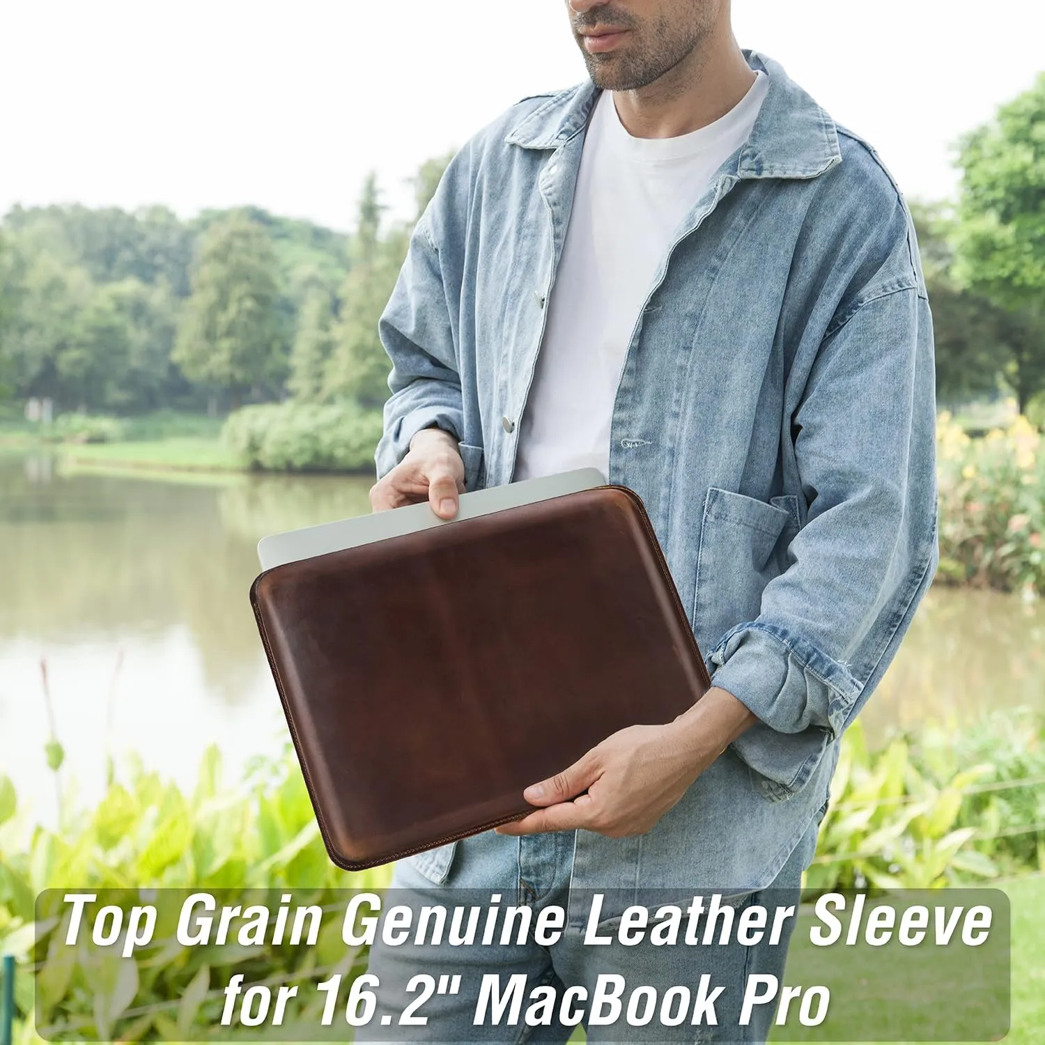 Top Grain Leather 16.2" Slim PC Sleeve Case, Solid Vintage Design, Handmade, Compatible with MacBook Pro 16.2" A2485 M1 Max 15" Touch Bar A2141 A1707 Pro 16" Touch ID A1990, Coffee 16.2 Inch