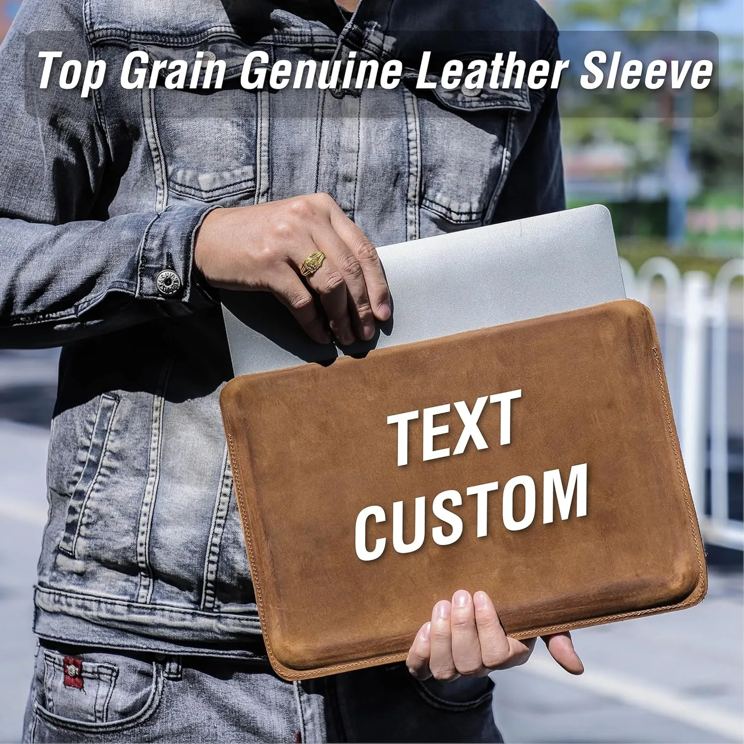 Top Grain Leather Text Custom Sleeve Slim Protector Case for Laptop/Tablet, Solid Vintage Design, Fully Handmade & Text Customizable, Compatible with MacBook Pro/Air & iPad Pro/Air
