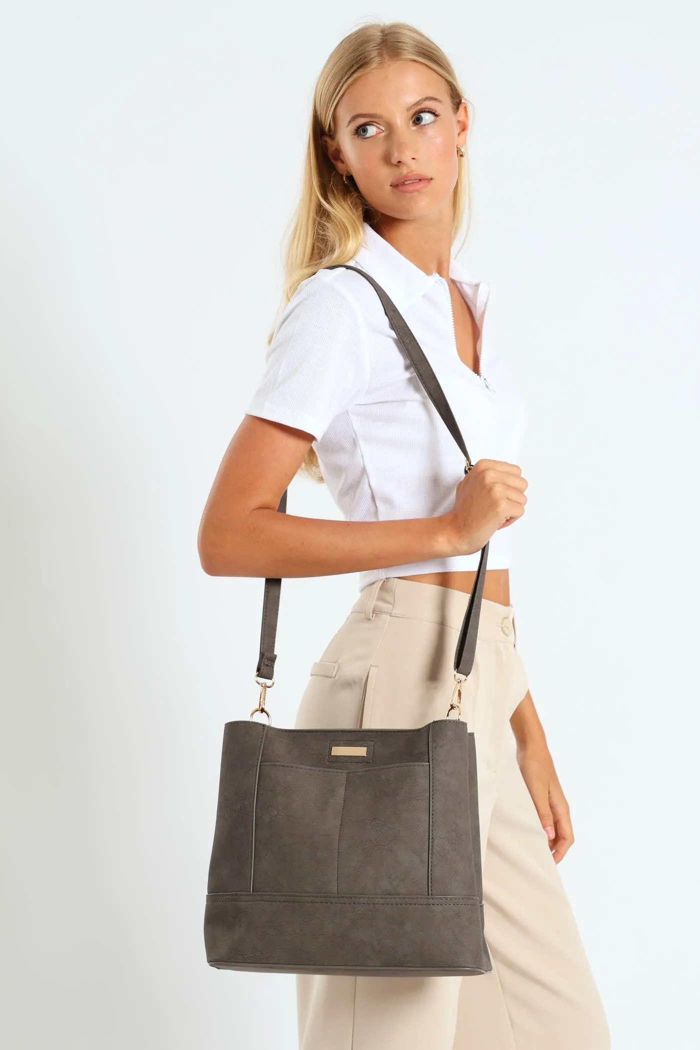 Top Stitch Detail Shopper Bag - Dark Grey