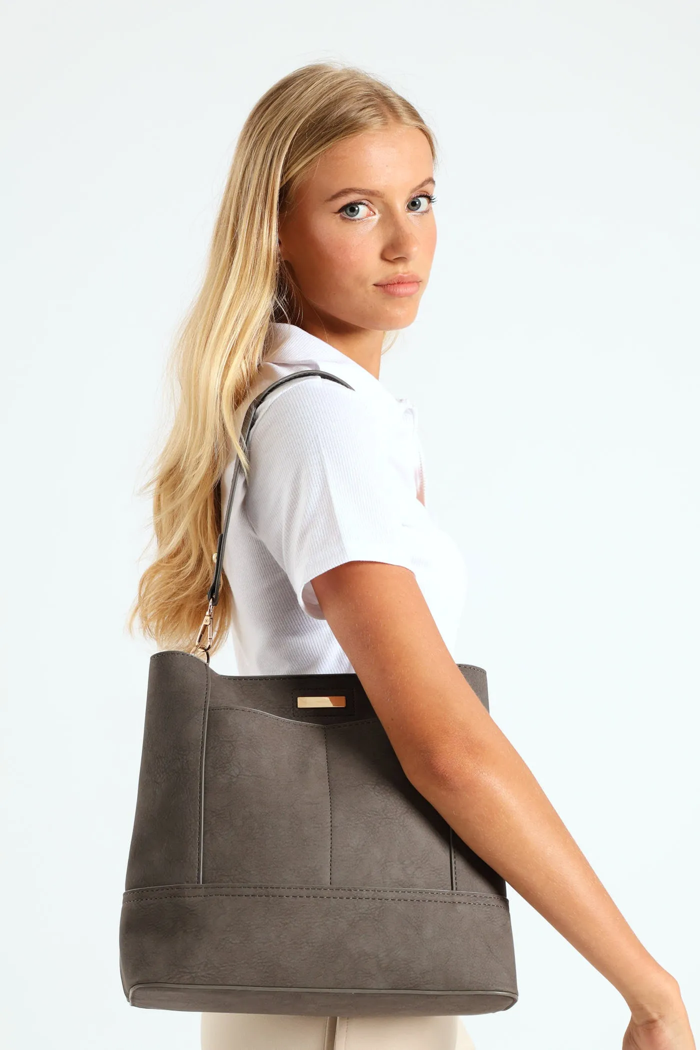Top Stitch Detail Shopper Bag - Dark Grey