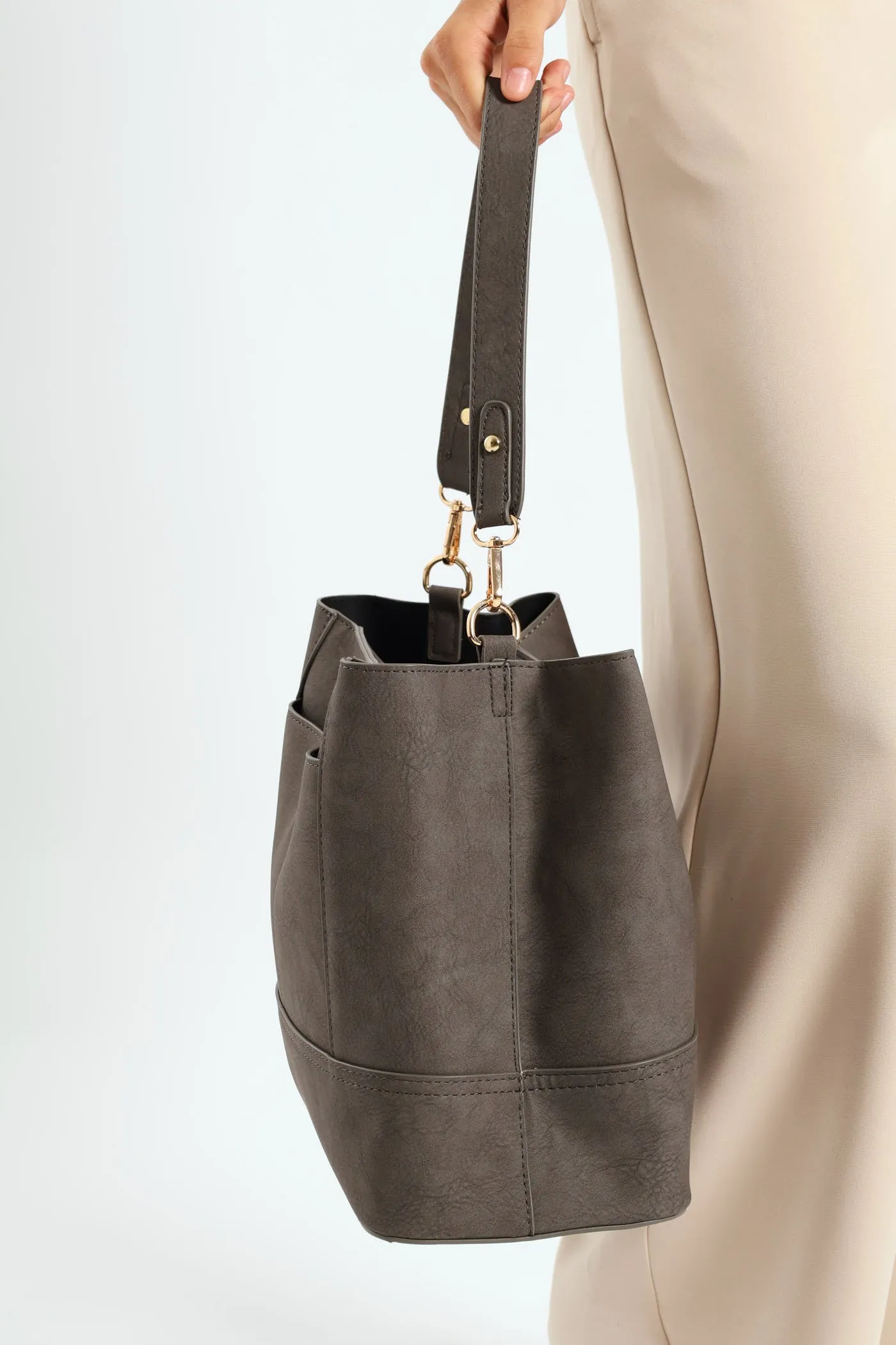 Top Stitch Detail Shopper Bag - Dark Grey