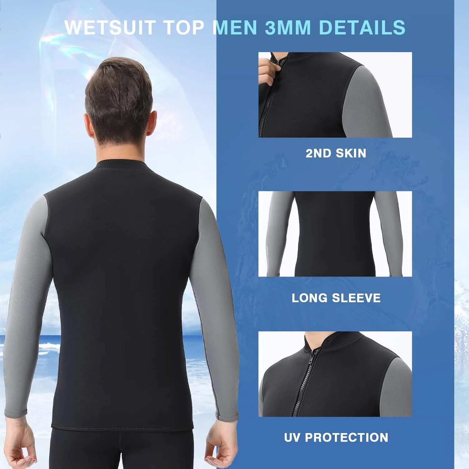 Top Wetsuit Jacket for Men Women Youth Front Zip Thermal Swim Wet Suit 2mm 3mm Neoprene Long Sleeves Shirts for Surfing Diving Kayaking