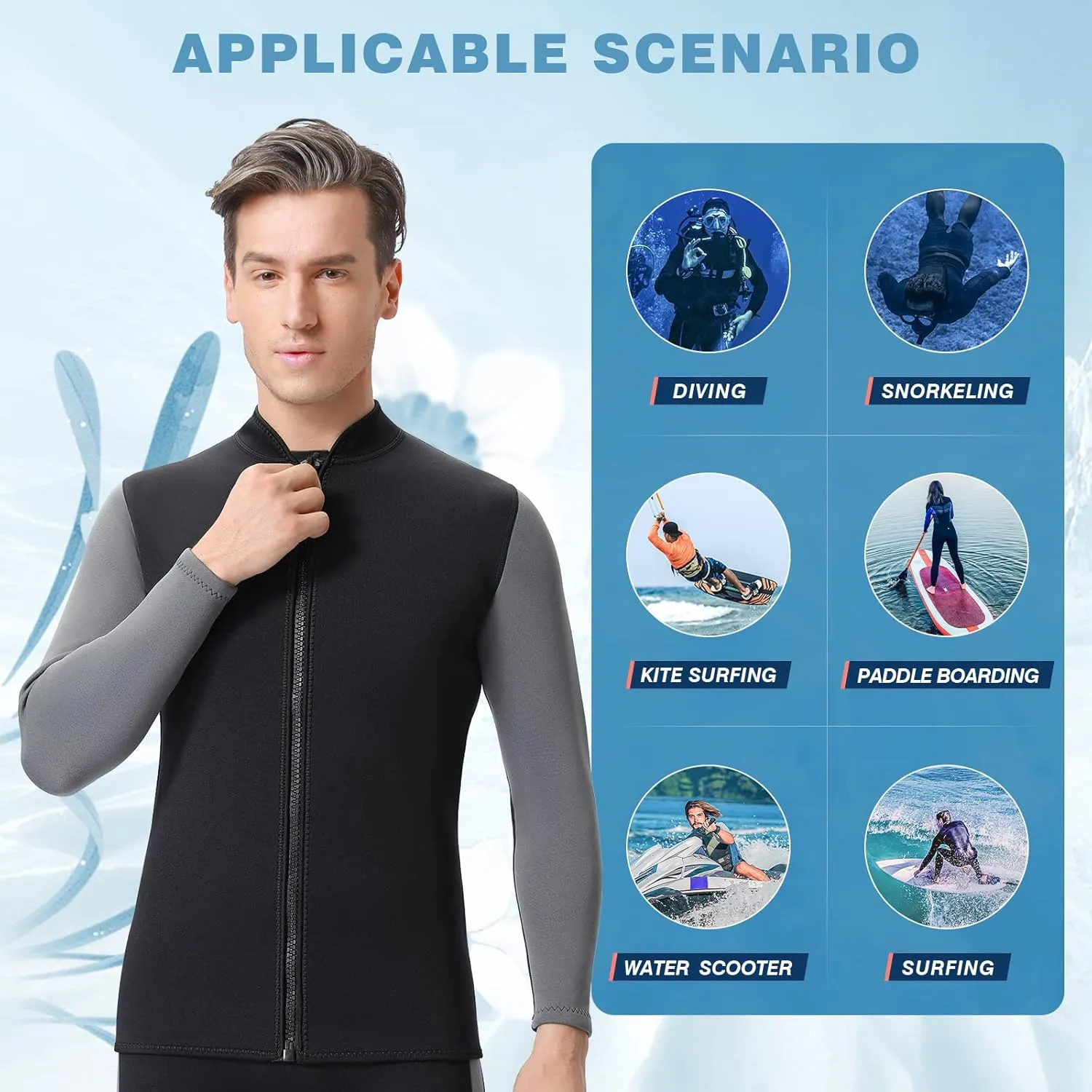 Top Wetsuit Jacket for Men Women Youth Front Zip Thermal Swim Wet Suit 2mm 3mm Neoprene Long Sleeves Shirts for Surfing Diving Kayaking