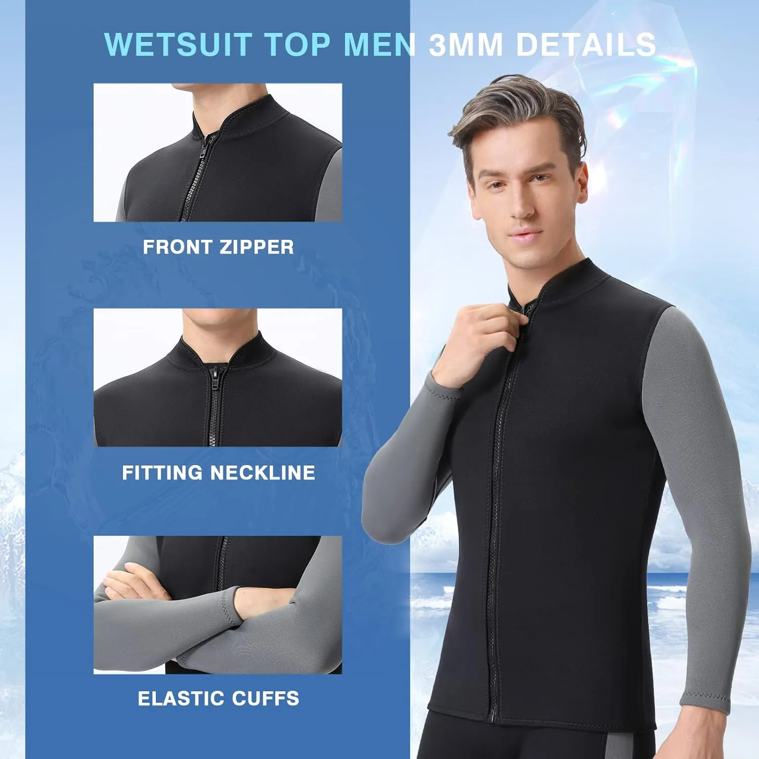 Top Wetsuit Jacket for Men Women Youth Front Zip Thermal Swim Wet Suit 2mm 3mm Neoprene Long Sleeves Shirts for Surfing Diving Kayaking