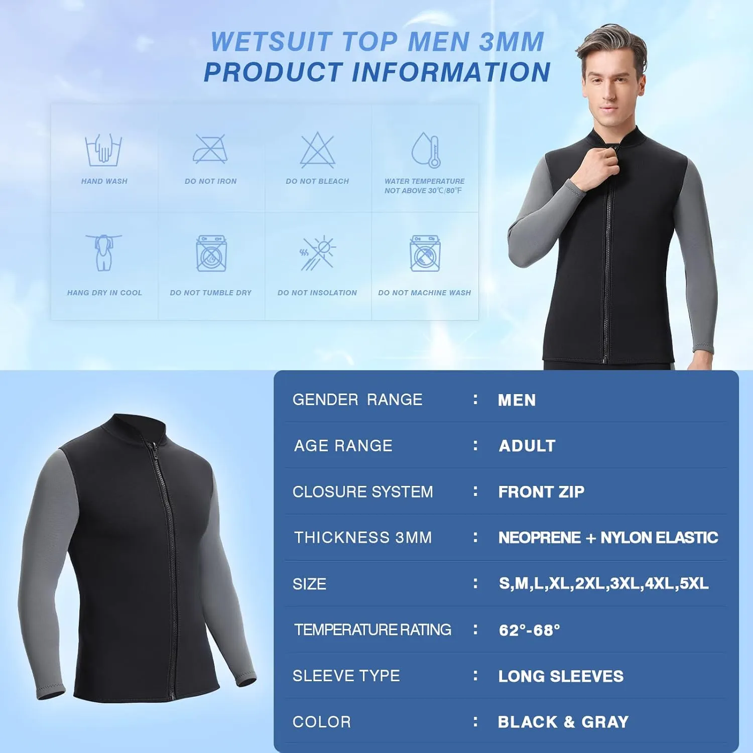 Top Wetsuit Jacket for Men Women Youth Front Zip Thermal Swim Wet Suit 2mm 3mm Neoprene Long Sleeves Shirts for Surfing Diving Kayaking