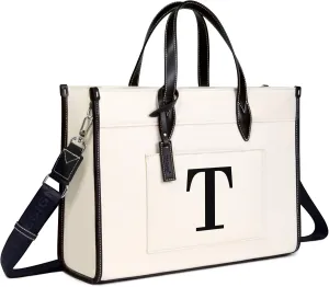 TOPDesign Initial 15.6" Laptop Tote Bag for Women, Personalized Canvas Work Purse, Business Briefcase & Office Handbag