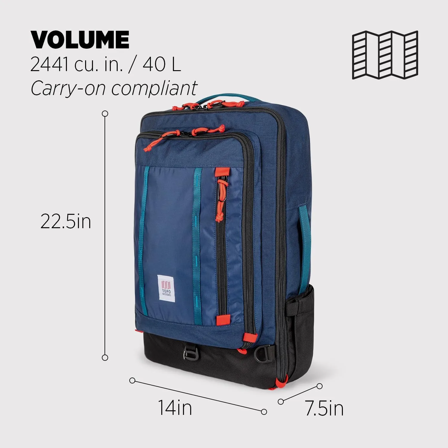 Topo Designs Global Travel Bag 30-40 Liter - Carry-on Compliant Versatile Pack, 3 Carry Options, External Laptop Sleeve (Original, 40L, Navy)