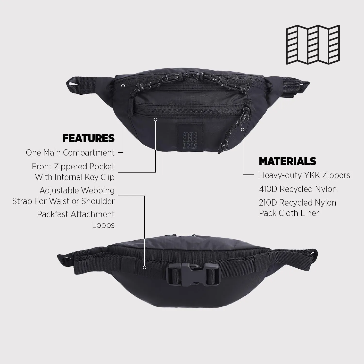 Topo Designs Mountain Waist Pack, Hip Bag, 100% Recycled Nylon Construction, 2L capacity, YKK Zips