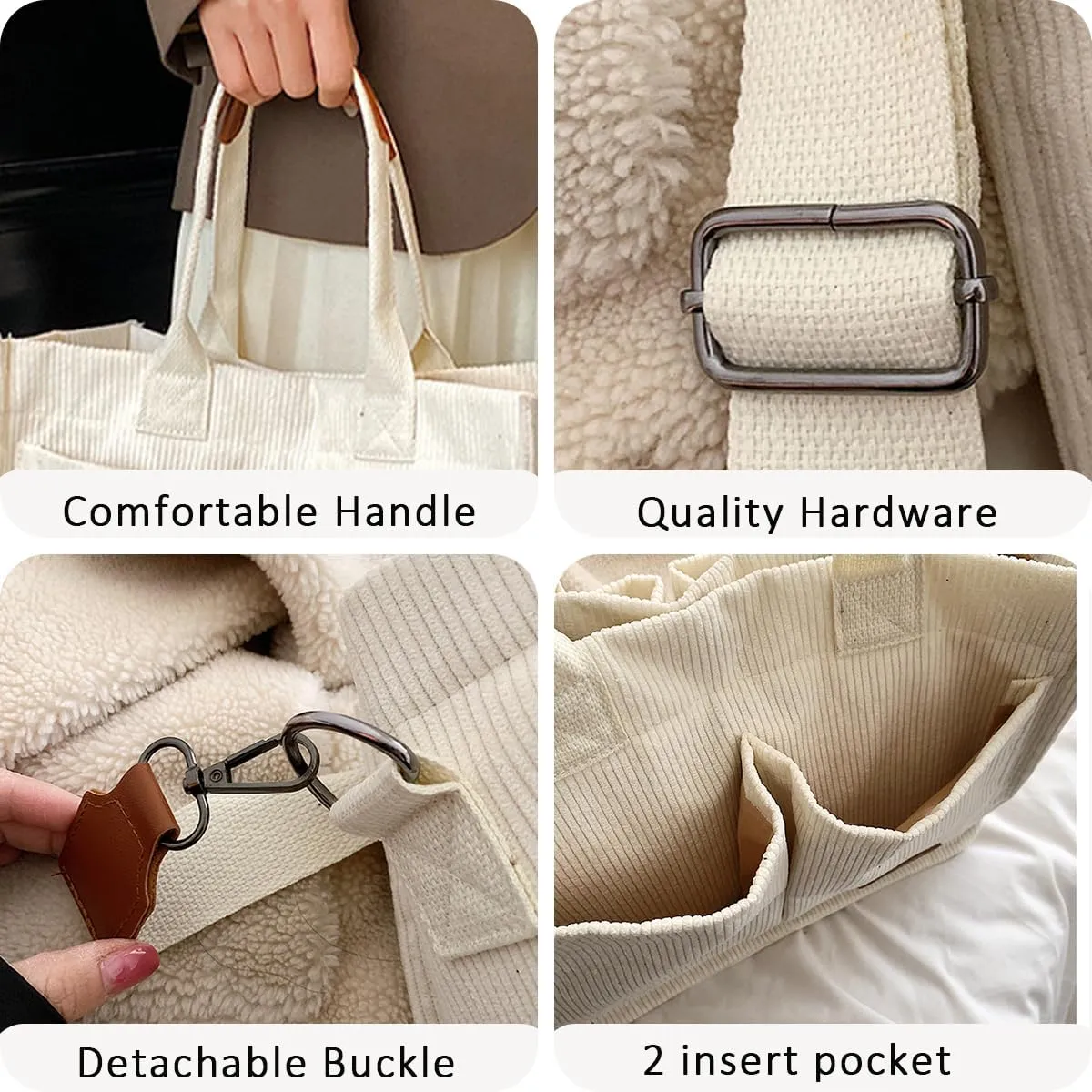 Tote Bag for Women Prite Corduroy Handbags Casual Hobo Messenger Bag Shoulder Bag with Multi-pocket