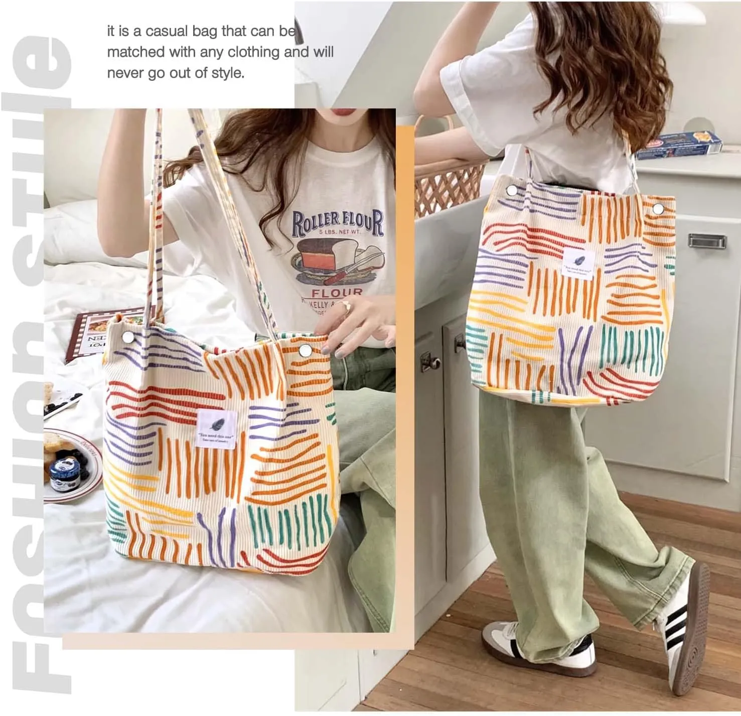 Tote Women Girls, Large Capacity Corduroy Reusable Grocery Shoulder Bag with Inner Pockets
