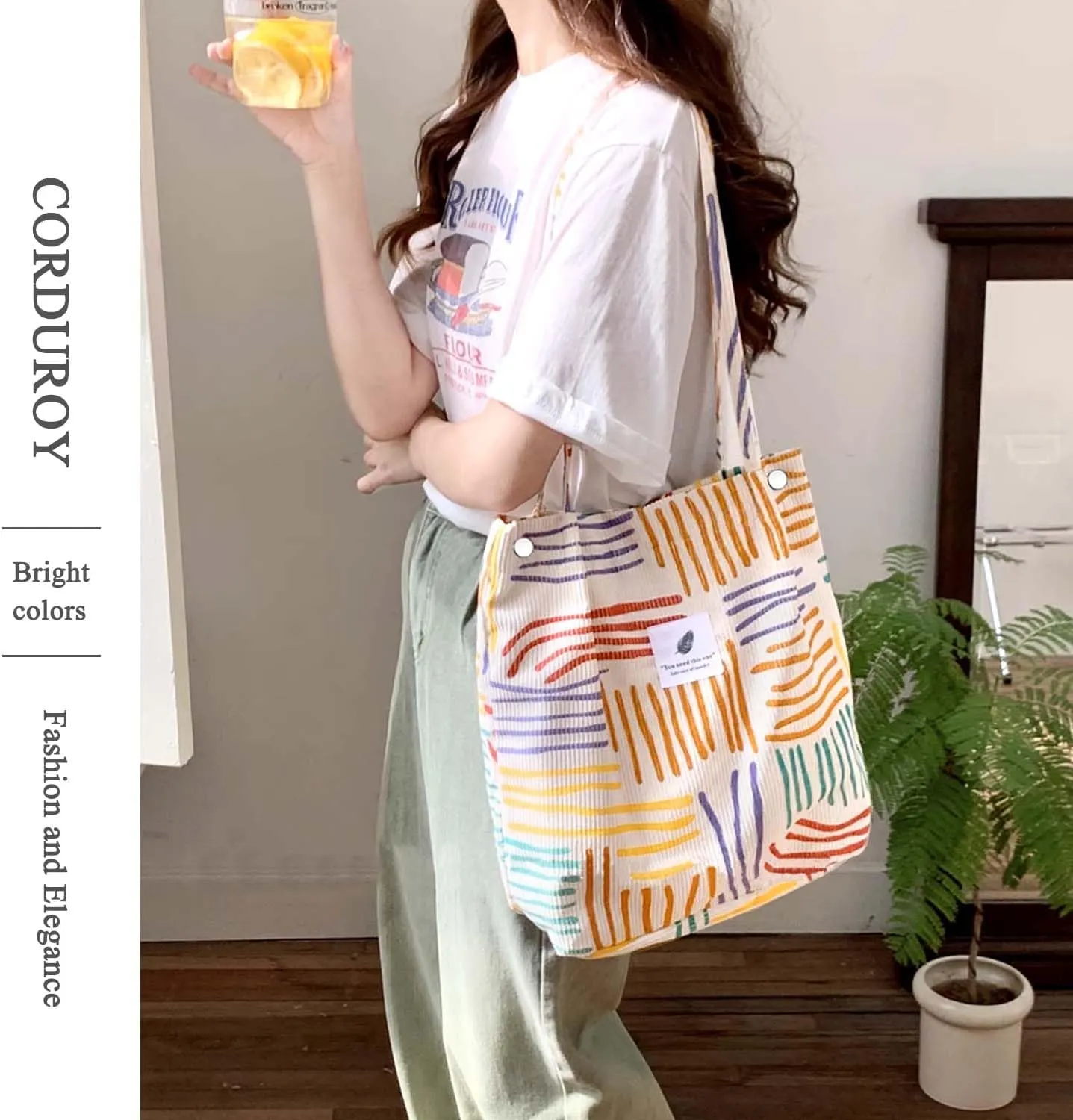 Tote Women Girls, Large Capacity Corduroy Reusable Grocery Shoulder Bag with Inner Pockets