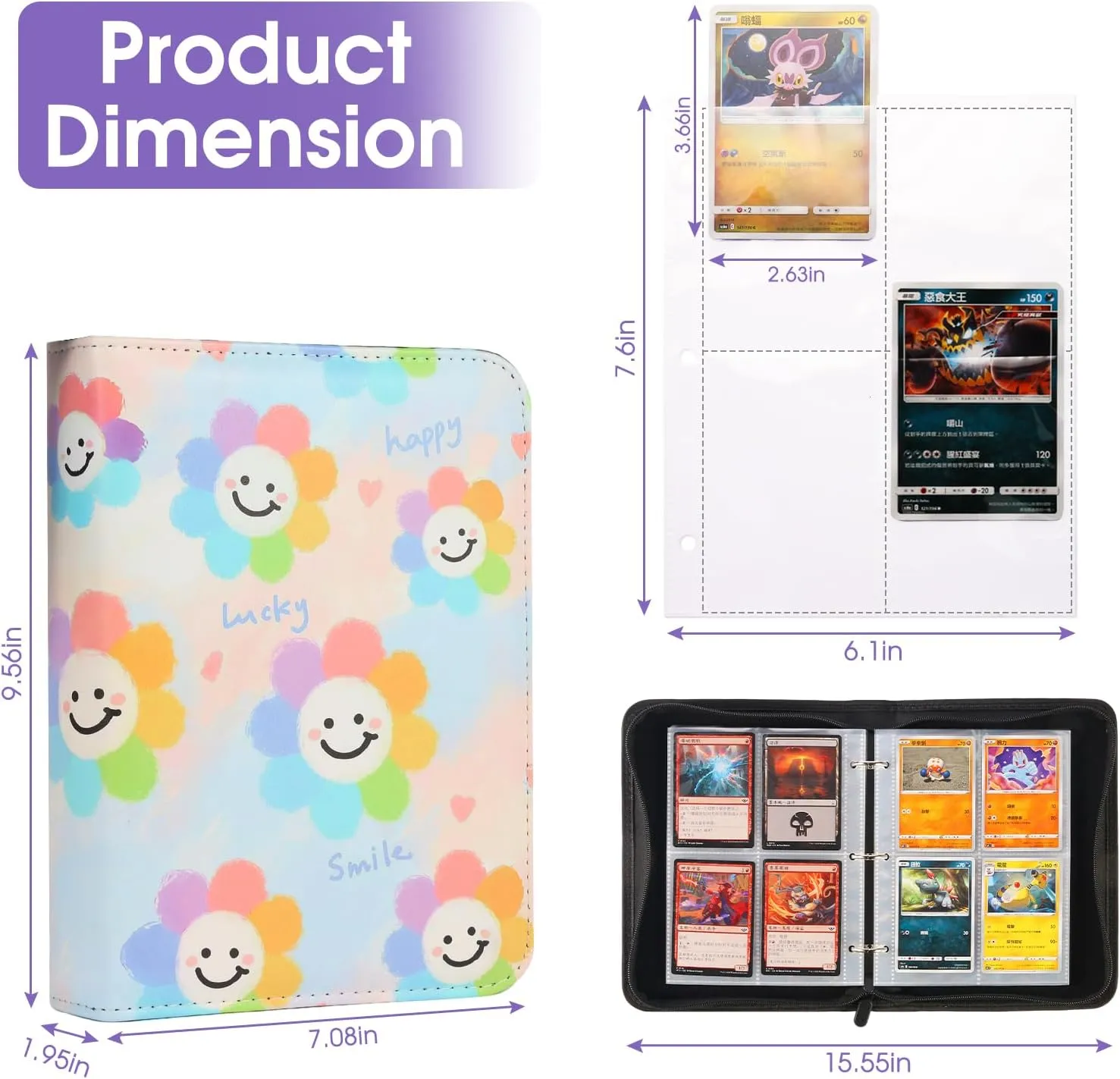 Trading Card Binder with 50 Removable Sleeves, 4-Pocket Organizer for 400 Cards - Album for Sports, Game, and Collectible Cards - Durable Storage Case for Girls, and Boys (Lucky Sunflower)