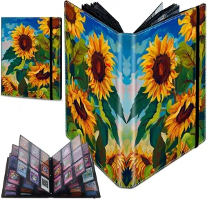 Trading Card Binder with 50 Sleeves, 9 Pocket Waterproof Card Book Holder Fits 900 Cards for Trading Cards, Football Cards, Pet Picture, Side Loading, Oil Painting Sunflowers