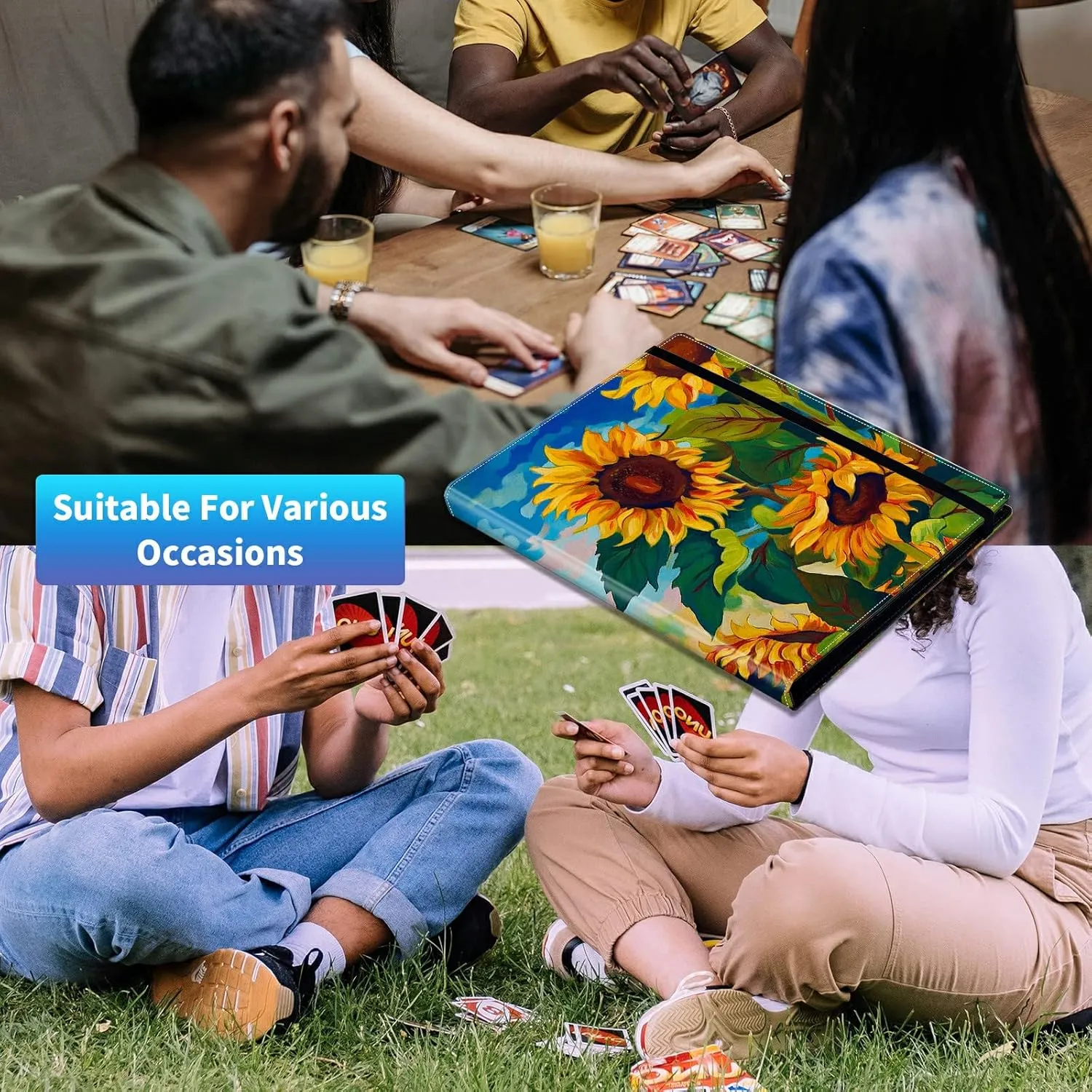Trading Card Binder with 50 Sleeves, 9 Pocket Waterproof Card Book Holder Fits 900 Cards for Trading Cards, Football Cards, Pet Picture, Side Loading, Oil Painting Sunflowers