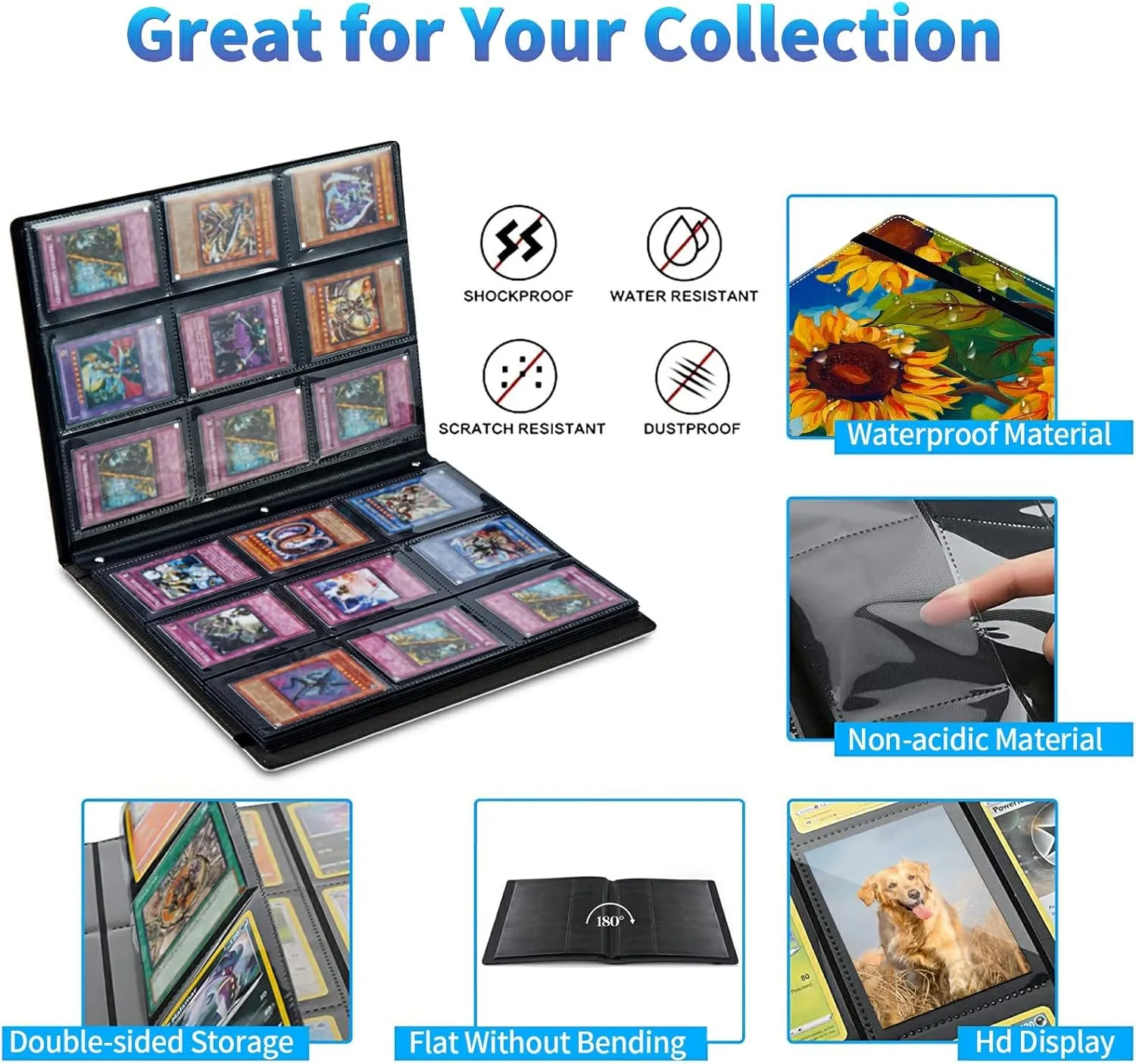 Trading Card Binder with 50 Sleeves, 9 Pocket Waterproof Card Book Holder Fits 900 Cards for Trading Cards, Football Cards, Pet Picture, Side Loading, Oil Painting Sunflowers