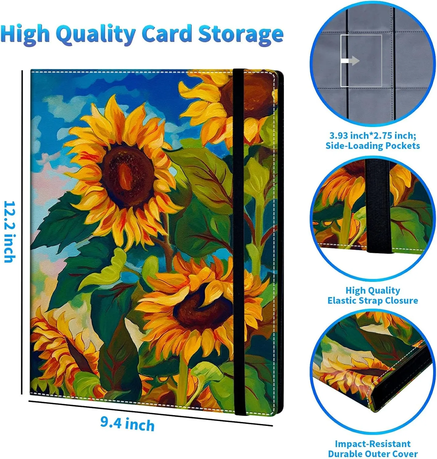 Trading Card Binder with 50 Sleeves, 9 Pocket Waterproof Card Book Holder Fits 900 Cards for Trading Cards, Football Cards, Pet Picture, Side Loading, Oil Painting Sunflowers