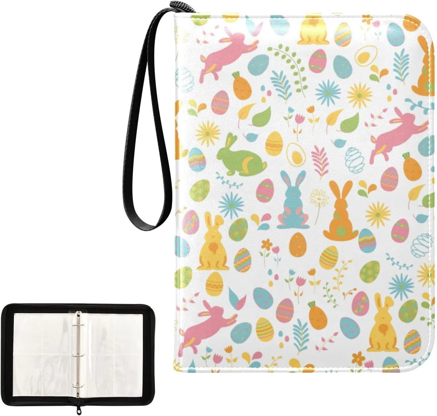 Trading Card Binder with Sleeves Colorful Spring Bunnies Easter Eggs C4 Pocket Card Binder PU Card Collection Binder 400 Cards Holder Collector Album