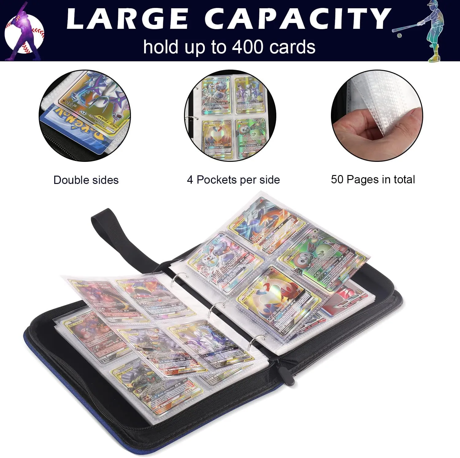 Trading Card Binder with Sleeves, Sports Card Binder Collectible Trading Card Albums with 50 Removable Sleeves (Blue, 4 Pocket)