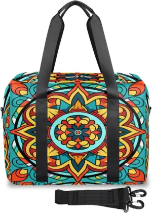 Traditional Mandala Maya Pattern Womens Travel Bags, Weekender Carry on for Women, Sports Gym Bag, Workout Duffel bag, Overnight Shoulder Bag