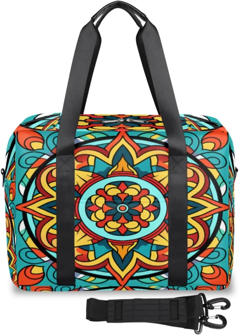Traditional Mandala Maya Pattern Womens Travel Bags, Weekender Carry on for Women, Sports Gym Bag, Workout Duffel bag, Overnight Shoulder Bag