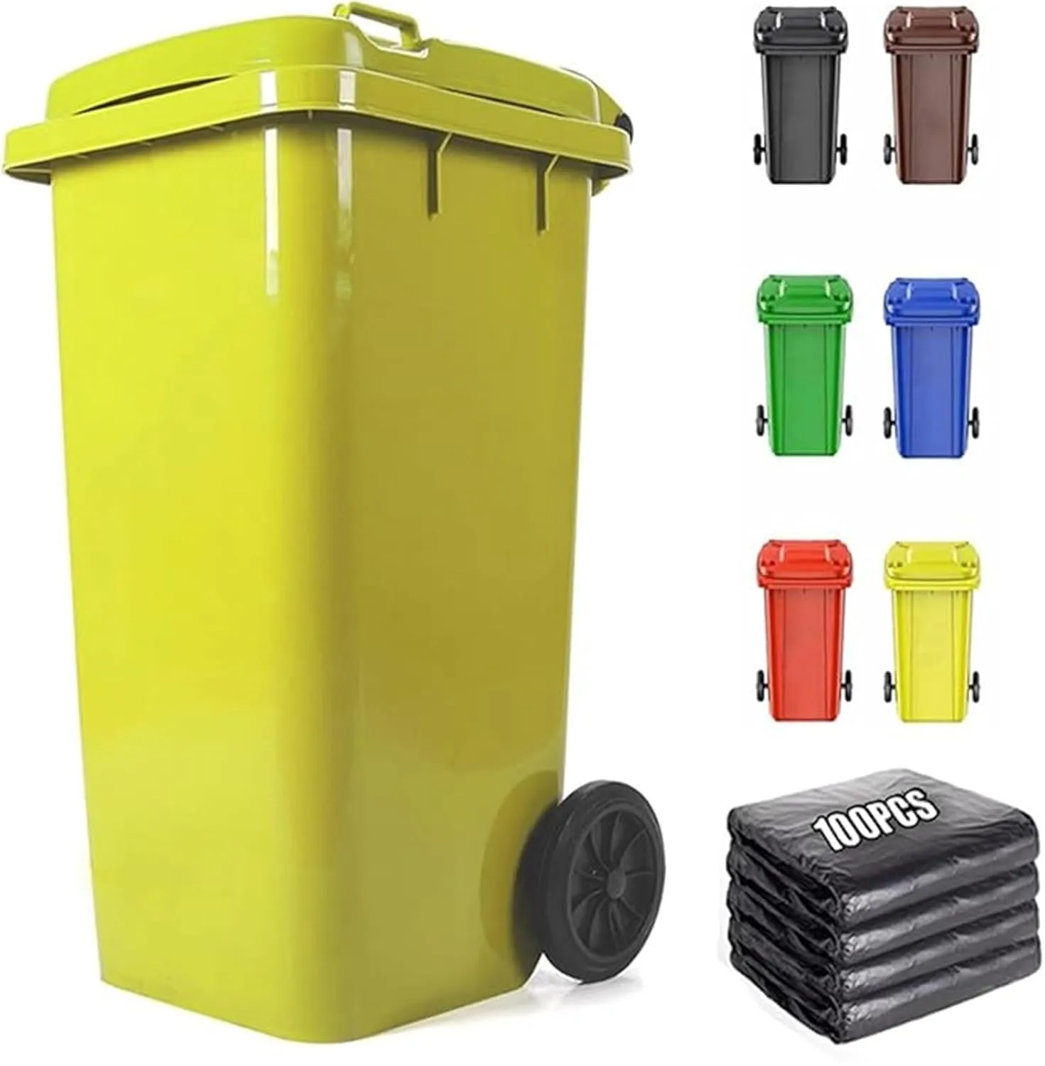 Trash Cans Outdoor Garbage Can Wheeled Trash Can with Lid,100-Pcs Garbage Bag,Large Garage Trash Can(Yellow,80L)
