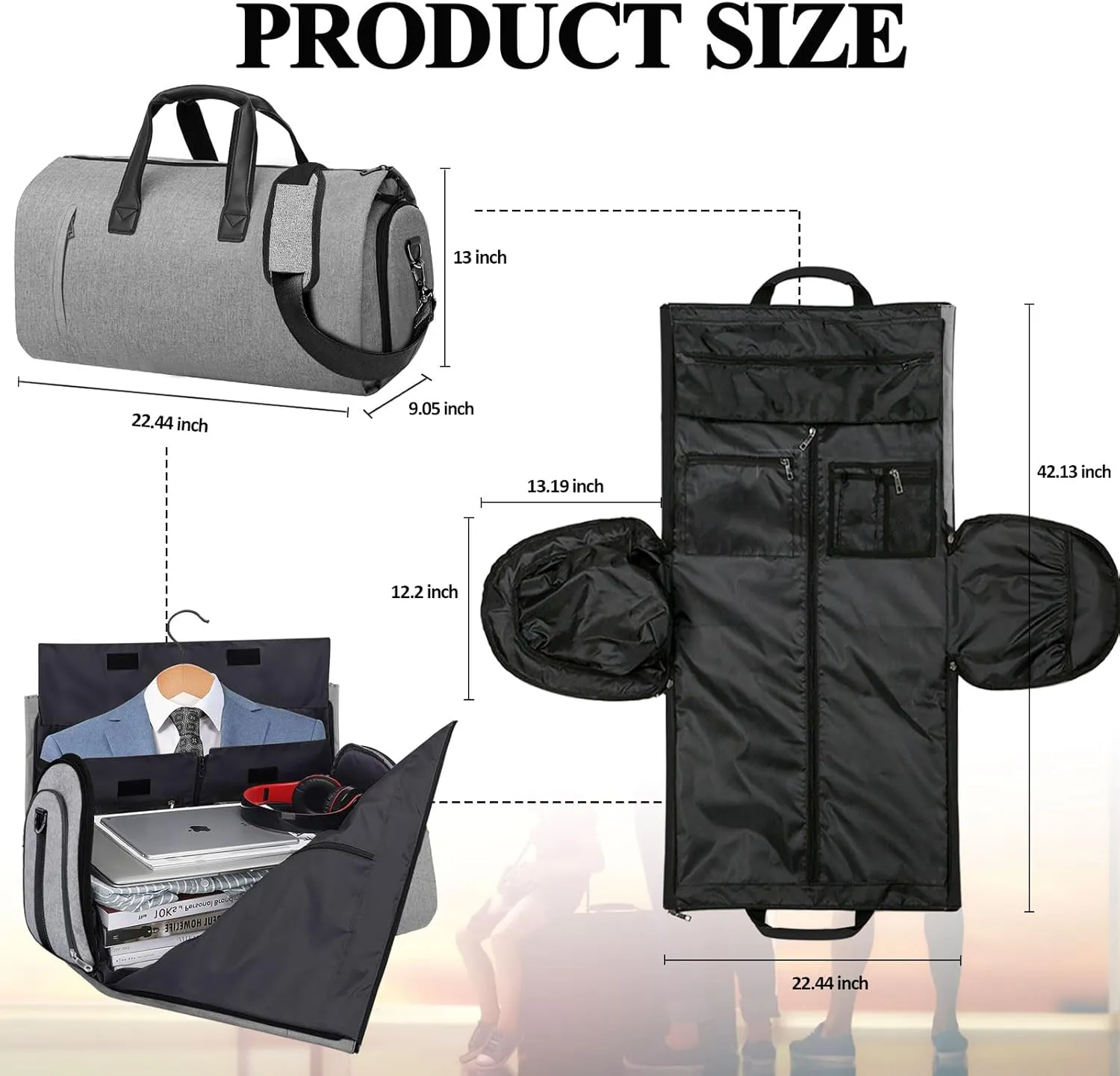 Travel Bag Carry On Garment Bag for Women Men Duffel Bag,Large Garment Duffle Bag Convertible Carry On Bag with Shoe Compartment Shoulder Strap,2 in 1 Hanging Suitcase Dress Clothes Suit Bag