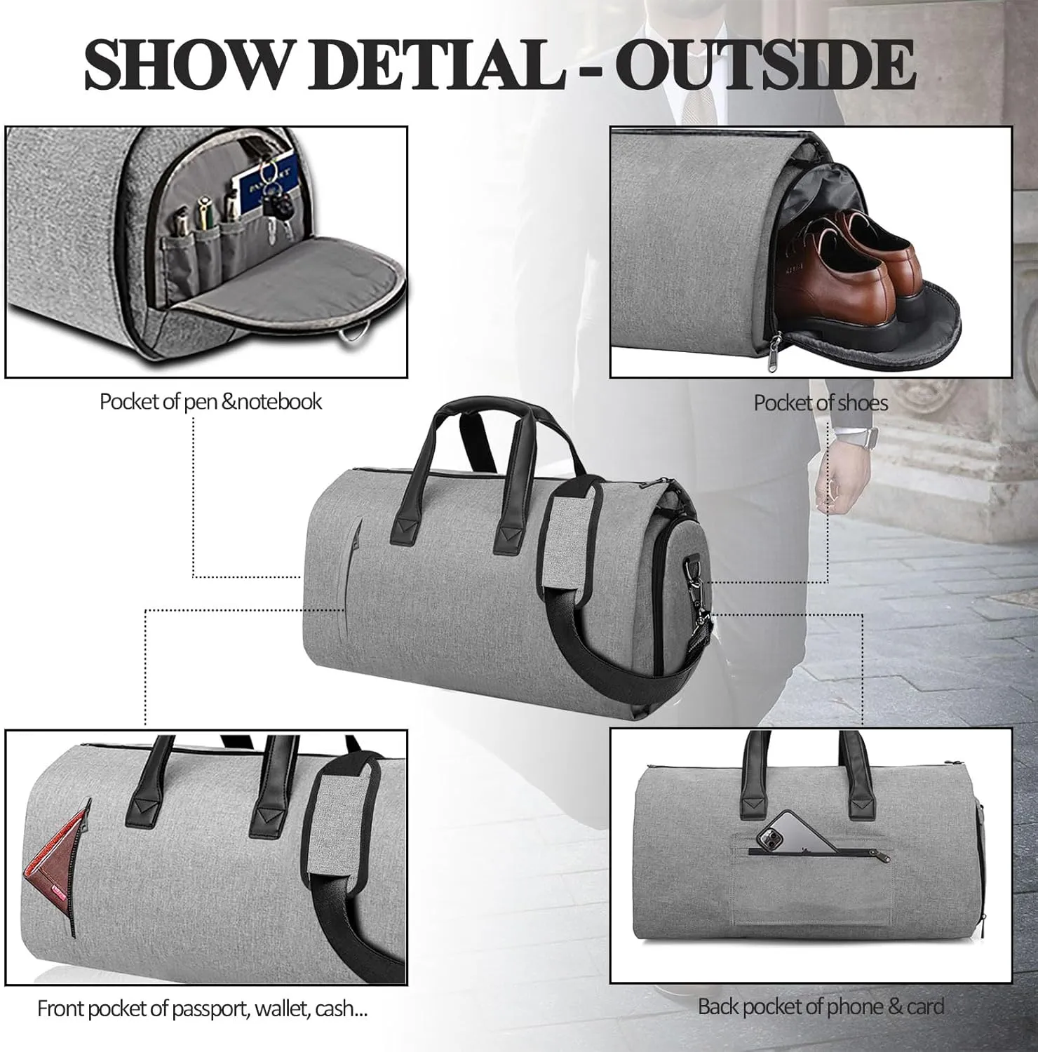 Travel Bag Carry On Garment Bag for Women Men Duffel Bag,Large Garment Duffle Bag Convertible Carry On Bag with Shoe Compartment Shoulder Strap,2 in 1 Hanging Suitcase Dress Clothes Suit Bag