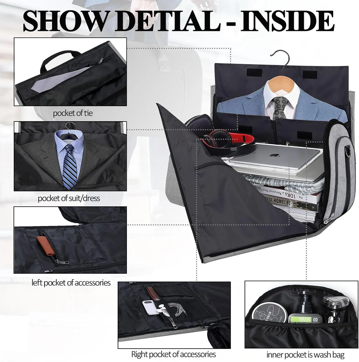 Travel Bag Carry On Garment Bag for Women Men Duffel Bag,Large Garment Duffle Bag Convertible Carry On Bag with Shoe Compartment Shoulder Strap,2 in 1 Hanging Suitcase Dress Clothes Suit Bag