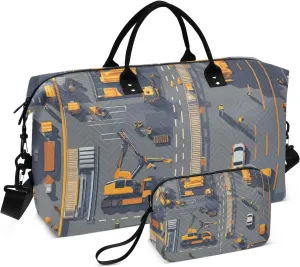 Travel Bag Overnight Bag Gym Carry on Duffel Bags with Toiletry Bag for Gym Foldable Construction Bridges Loader Road Roller