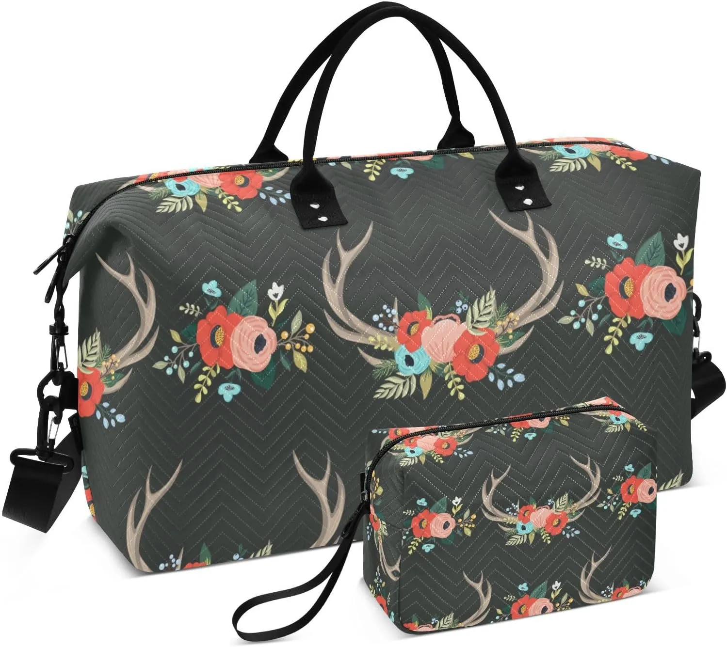 Travel Bag Set Boho Deer Horns Flowers Quilted Gym Duffel Bag Overnight Weekender Bags