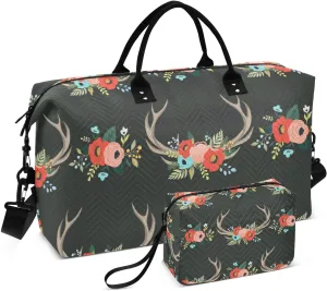 Travel Bag Set Boho Deer Horns Flowers Quilted Gym Duffel Bag Overnight Weekender Bags