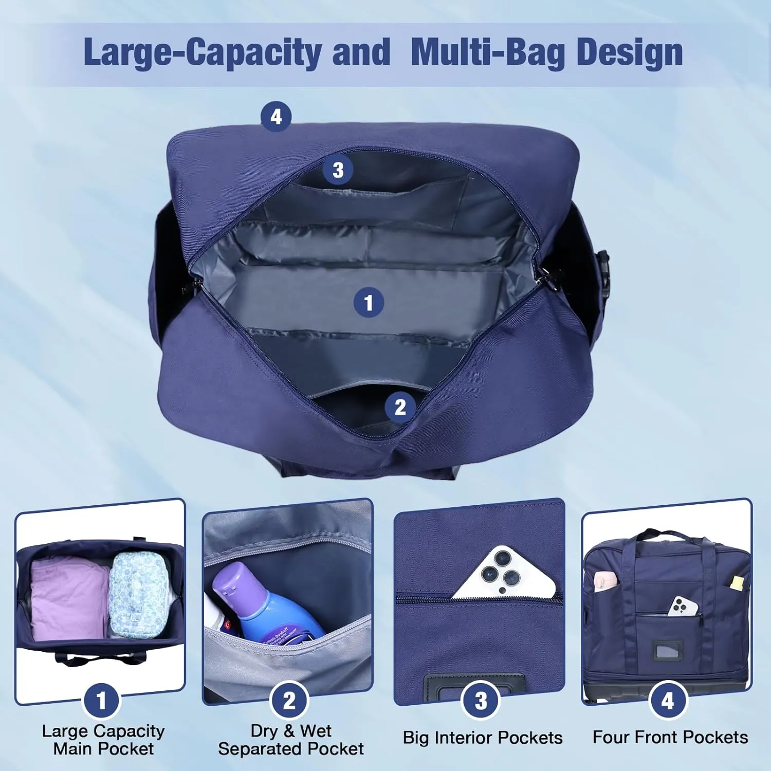 Travel Bag with Removable Wheels Expandable Collapsible Rolling Travel Luggage Foldable Duffel Bag with Telescoping Handle Large Capacity Suitcase for Men Women (Blue)