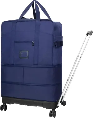 Travel Bag with Removable Wheels Expandable Collapsible Rolling Travel Luggage Foldable Duffel Bag with Telescoping Handle Large Capacity Suitcase for Men Women (Blue)