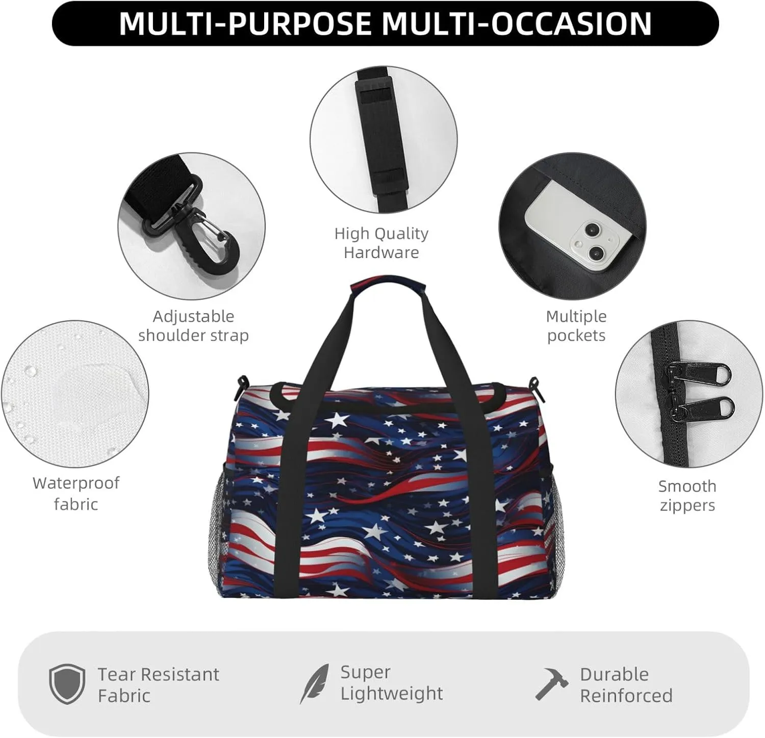 Travel Duffel Bag For Men Women, 4th Of July American Independence Day Carry On Sport Gym Bag With Shoulder Strap Lightweight Waterproof Weekender Bag Overnight Bag