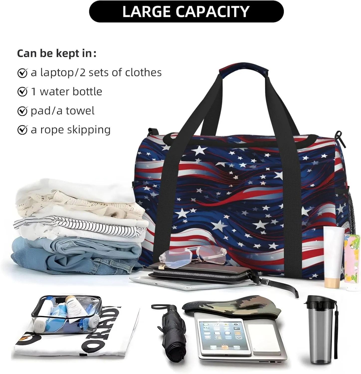 Travel Duffel Bag For Men Women, 4th Of July American Independence Day Carry On Sport Gym Bag With Shoulder Strap Lightweight Waterproof Weekender Bag Overnight Bag