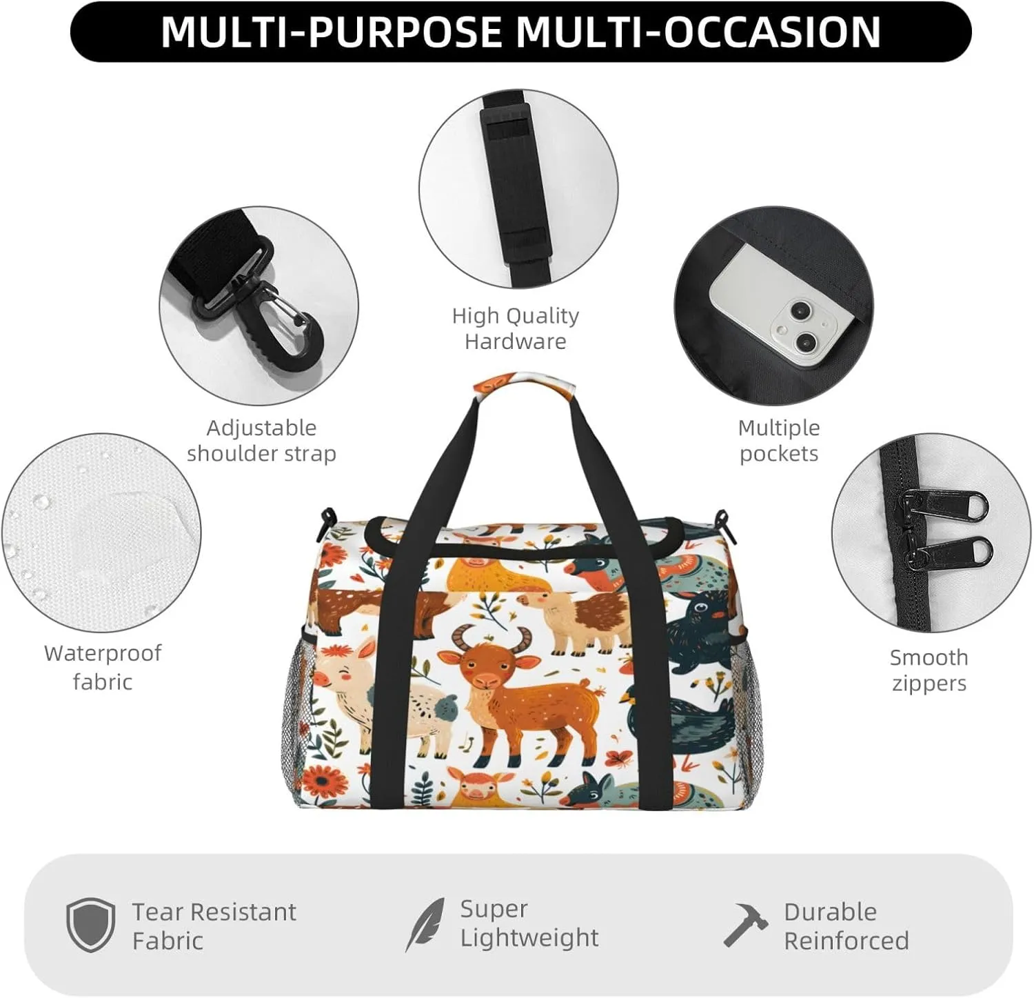 Travel Duffel Bag For Men Women, Animal Cow Sheep Rabbit Carry On Sport Gym Bag With Shoulder Strap Lightweight Waterproof Weekender Bag Overnight Bag