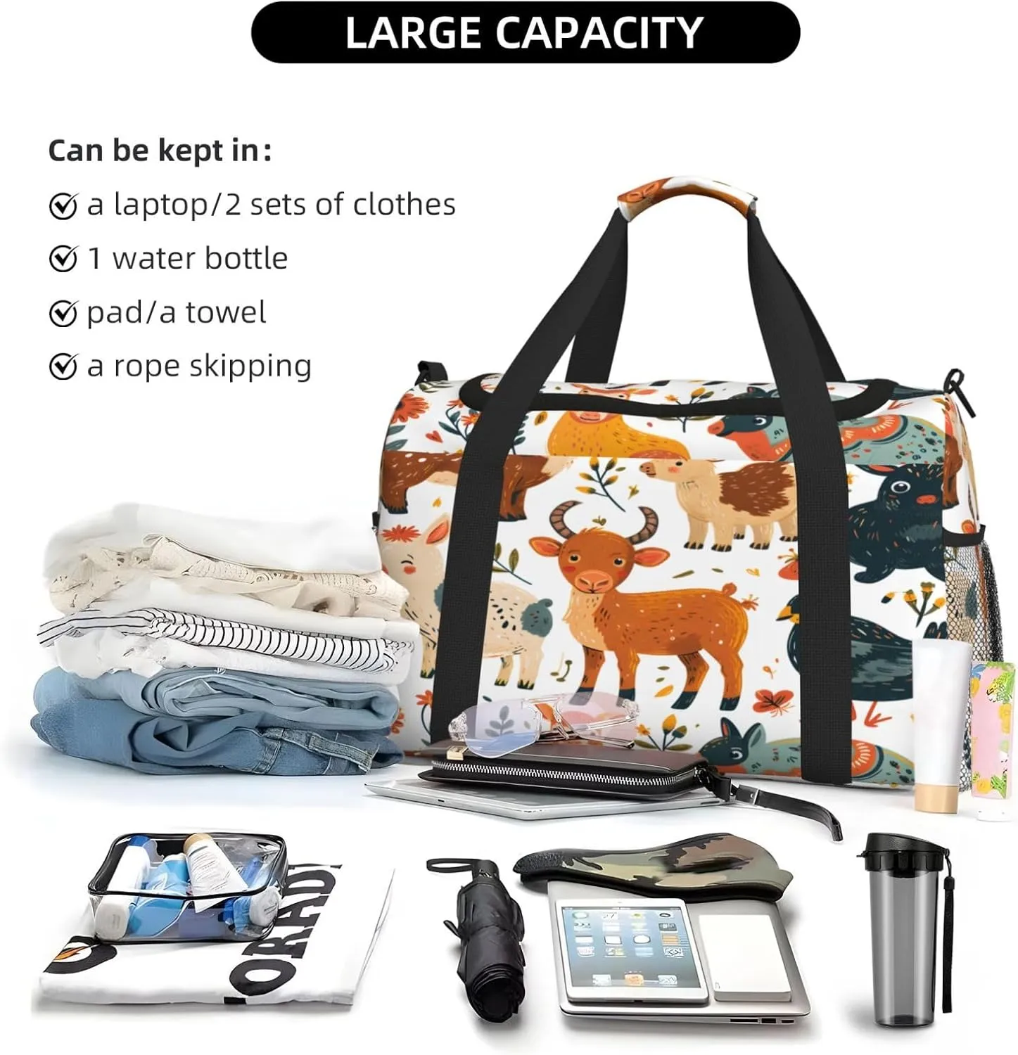 Travel Duffel Bag For Men Women, Animal Cow Sheep Rabbit Carry On Sport Gym Bag With Shoulder Strap Lightweight Waterproof Weekender Bag Overnight Bag
