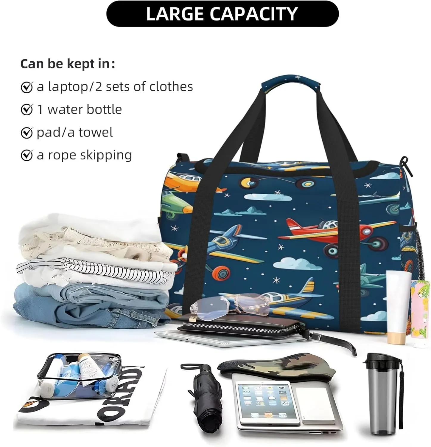Travel Duffel Bag For Men Women, Cartoon Airplanes Sky Pattern Carry On Sport Gym Bag With Shoulder Strap Lightweight Waterproof Weekender Bag Overnight Bag