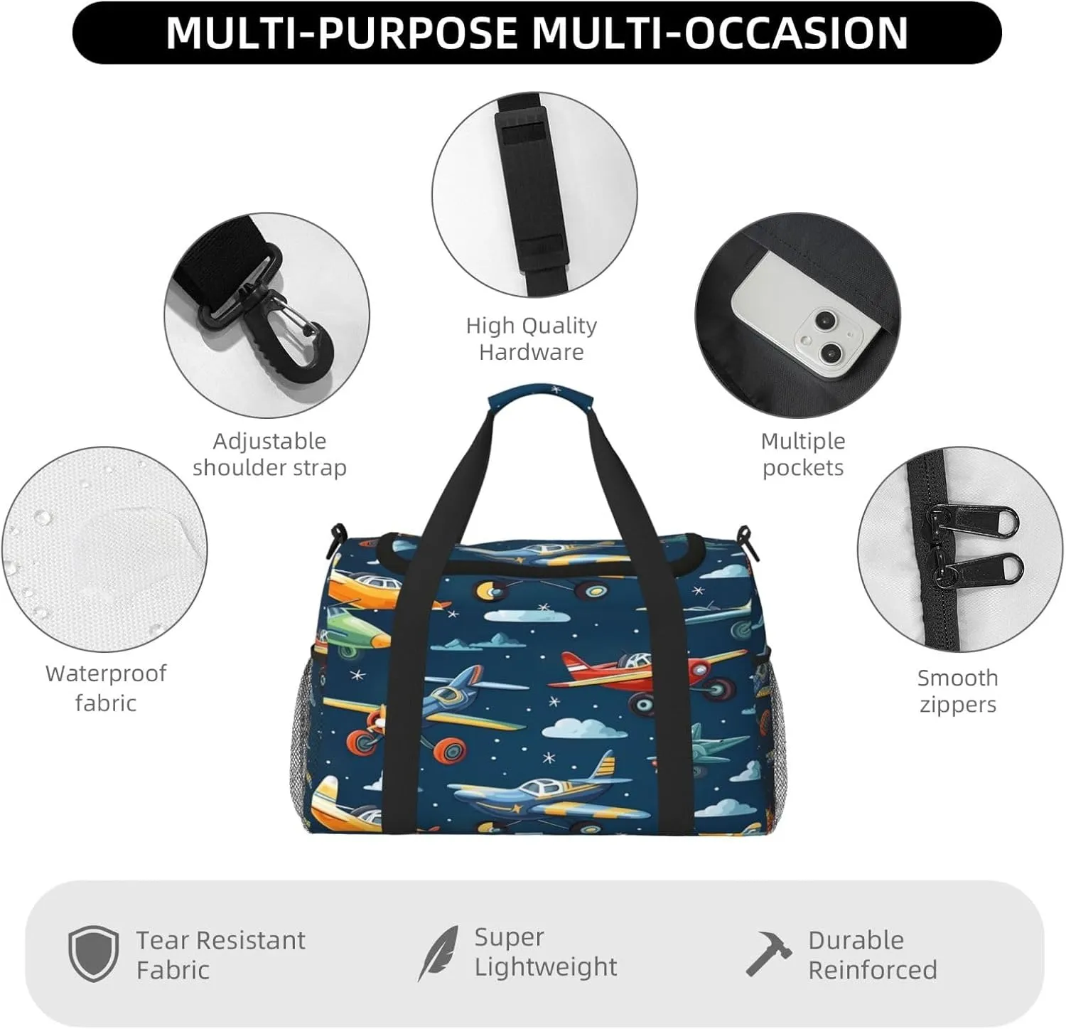 Travel Duffel Bag For Men Women, Cartoon Airplanes Sky Pattern Carry On Sport Gym Bag With Shoulder Strap Lightweight Waterproof Weekender Bag Overnight Bag