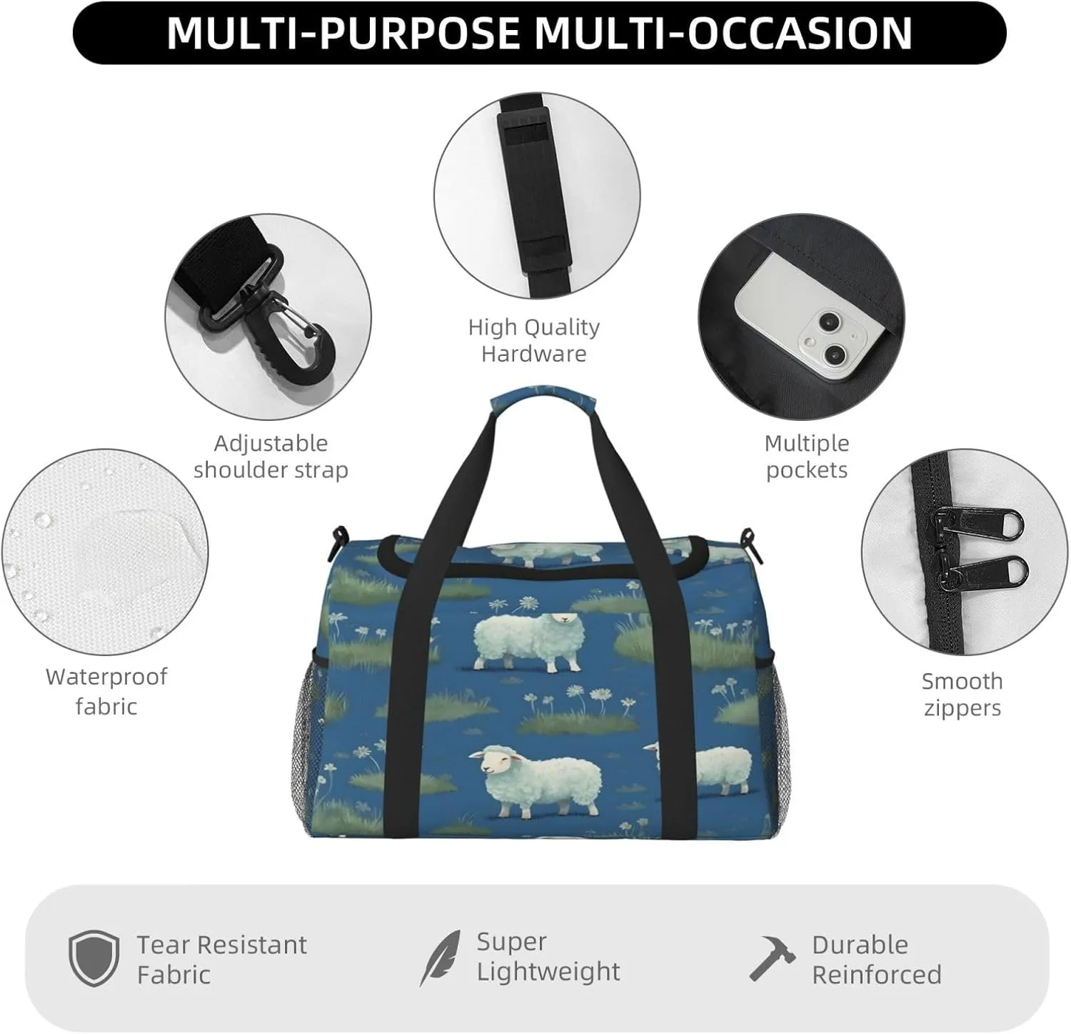 Travel Duffel Bag For Men Women, Cute Farm Sheep Carry On Sport Gym Bag With Shoulder Strap Lightweight Waterproof Weekender Bag Overnight Bag