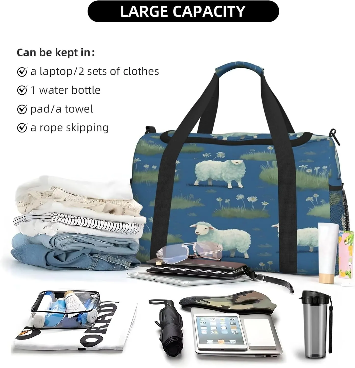 Travel Duffel Bag For Men Women, Cute Farm Sheep Carry On Sport Gym Bag With Shoulder Strap Lightweight Waterproof Weekender Bag Overnight Bag
