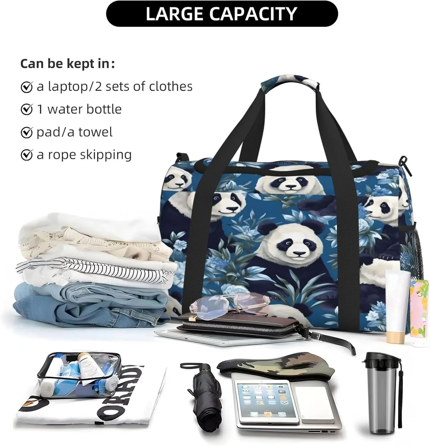 Travel Duffel Bag For Men Women, Floral Panda Bear Carry On Sport Gym Bag With Shoulder Strap Lightweight Waterproof Weekender Bag Overnight Bag