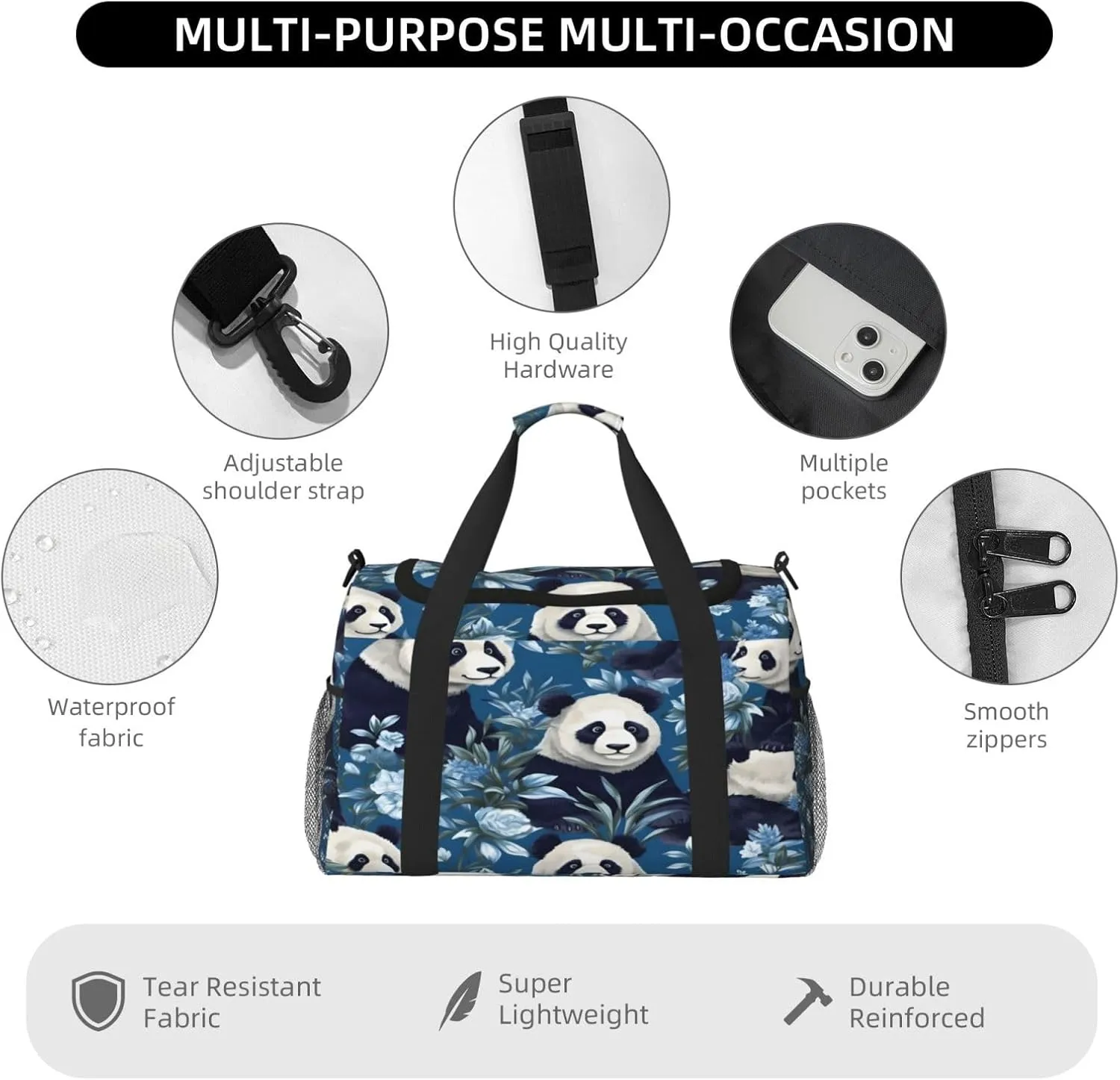 Travel Duffel Bag For Men Women, Floral Panda Bear Carry On Sport Gym Bag With Shoulder Strap Lightweight Waterproof Weekender Bag Overnight Bag