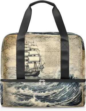 Travel Duffel Bags Retro Newspaper Sailboat Sports Gym Bag with Wet Pocket & Shoes Compartment Large Duffel Bags Waterproof Overnight Bag Weekender Bags for Women Men
